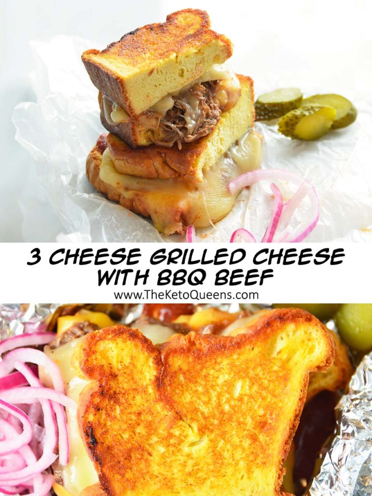 3 cheese keto grilled cheese sandwich on parchment paper with pickles and red onions