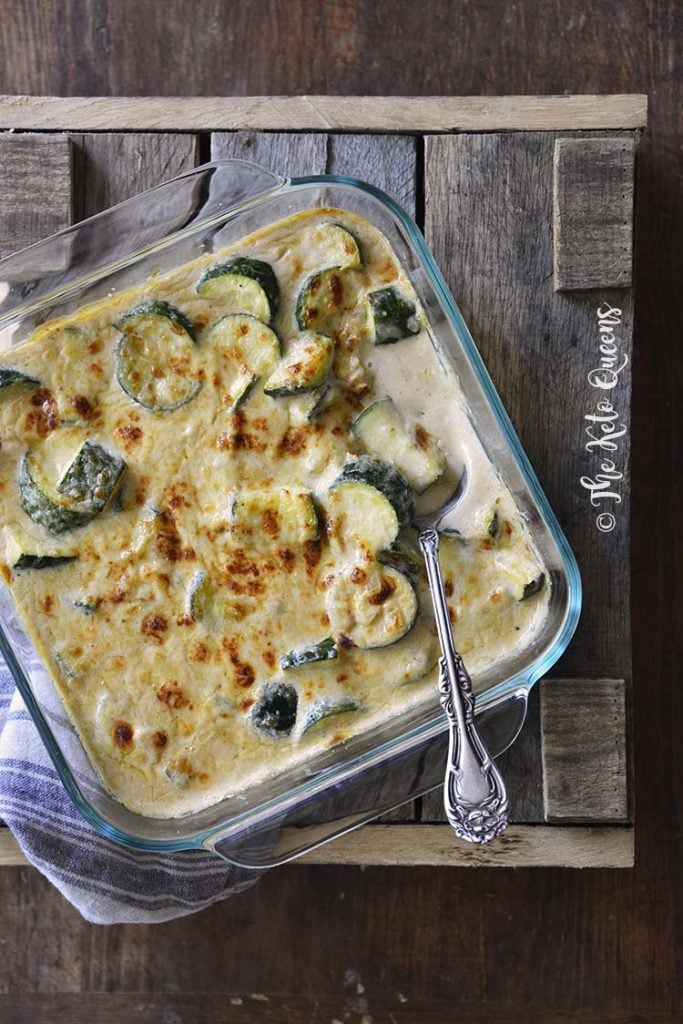 30-Minute Keto Zucchini Beer Macaroni and Cheese on Wooden Table