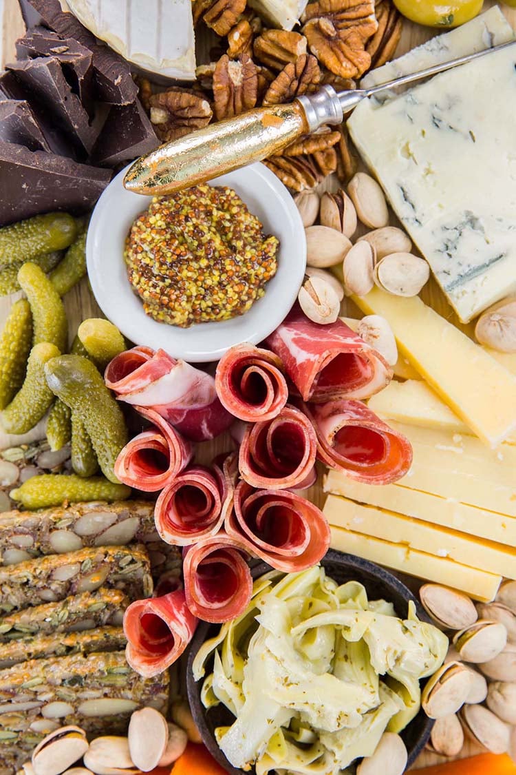 Overhead View of Cheese Board with Stone-Ground Mustard