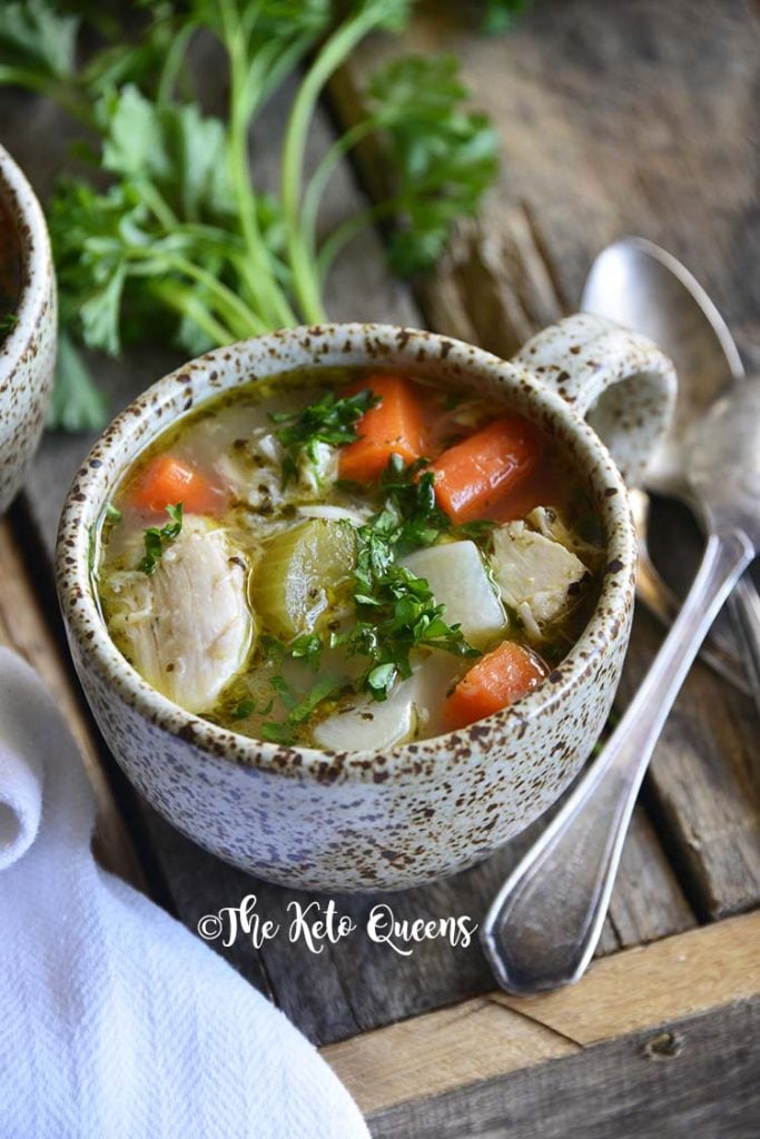 This Leftover Chicken Bone Broth Soup is every bit as hearty and comforting as a regular bowl of Chicken Noodle Soup! We guarantee you won’t miss the noodles!