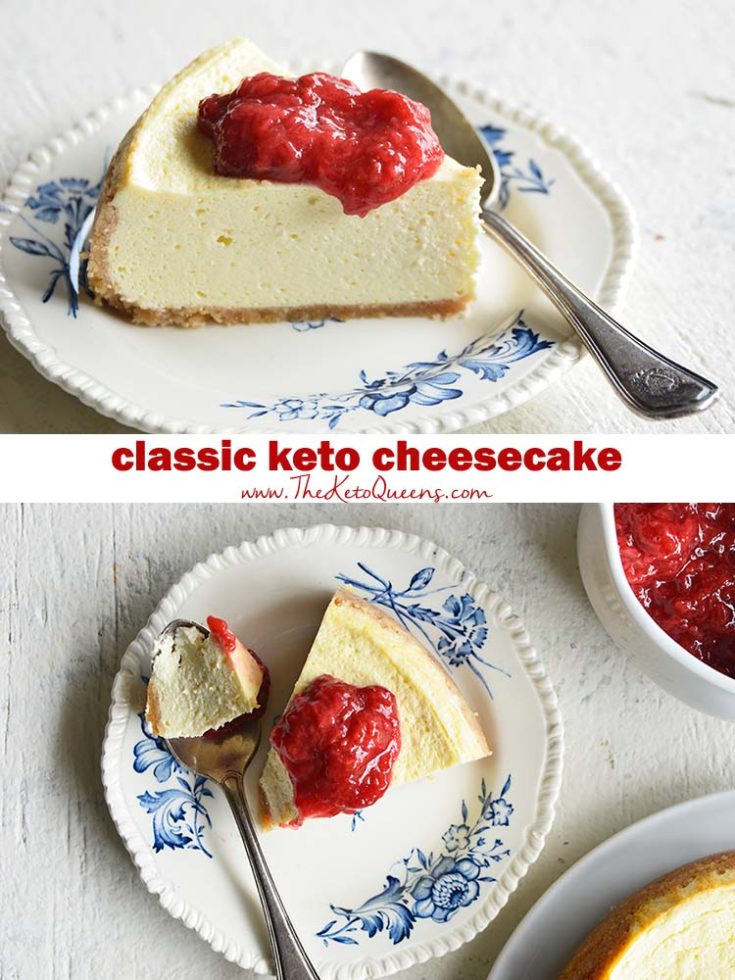 low carb instant pot cheese cake with easy strawberry sauce on a white background