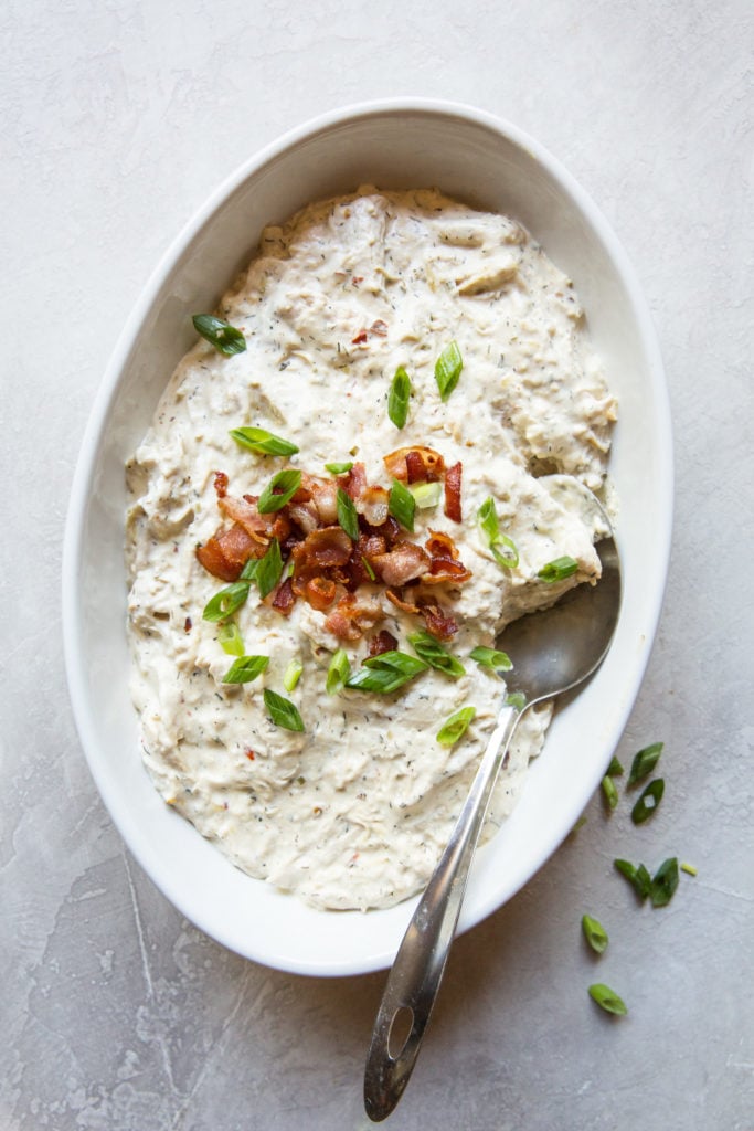 image of crack chicken in a casserole dish for serving