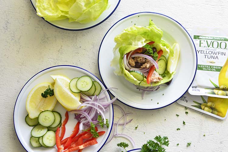 image of Mediterranean Tuna Lettuce Wraps on a white plate