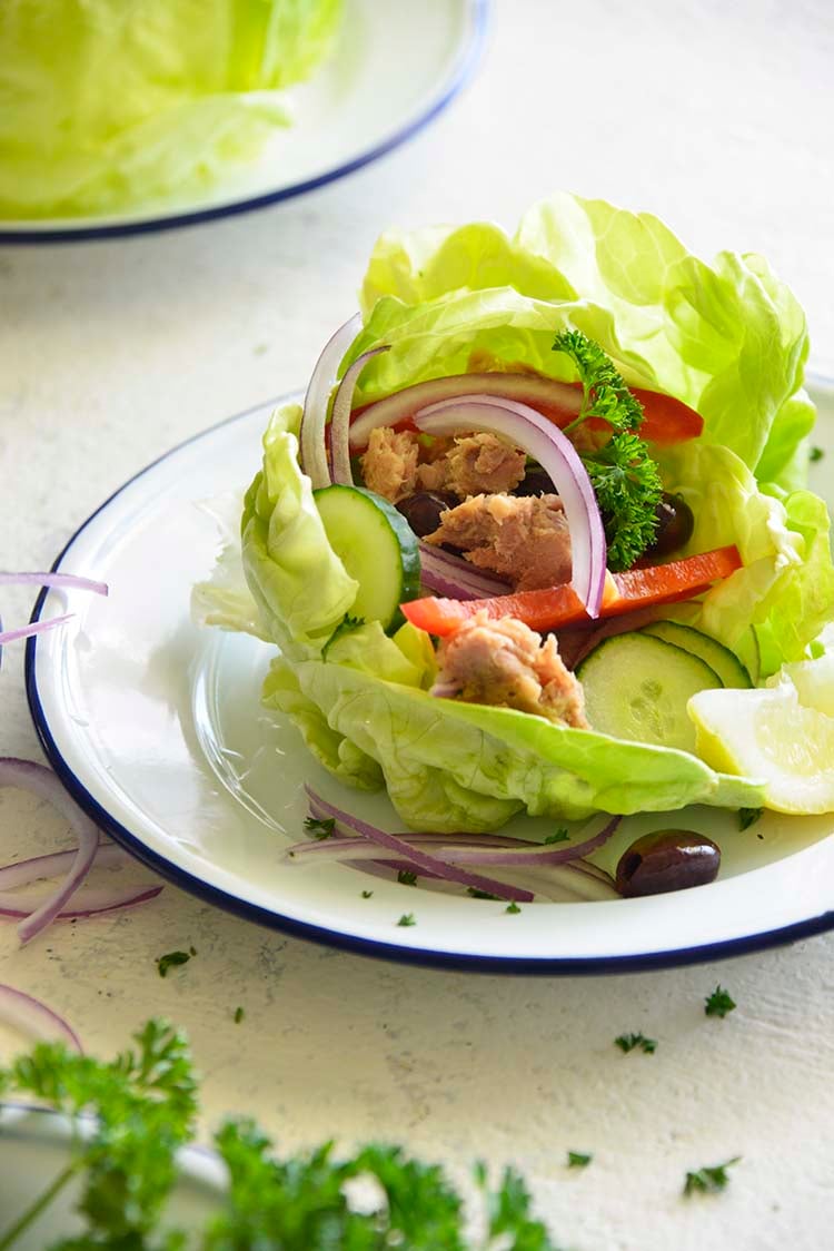 close up image of Mediterranean Tuna Lettuce Wraps on a white plate