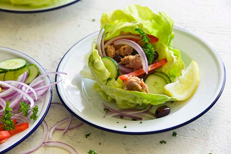 close up image of Mediterranean Tuna Lettuce Wraps on a white plate