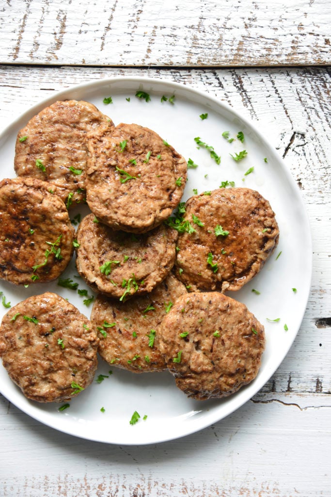 Jimmy Dean fully cooked turkey sausage on a white background