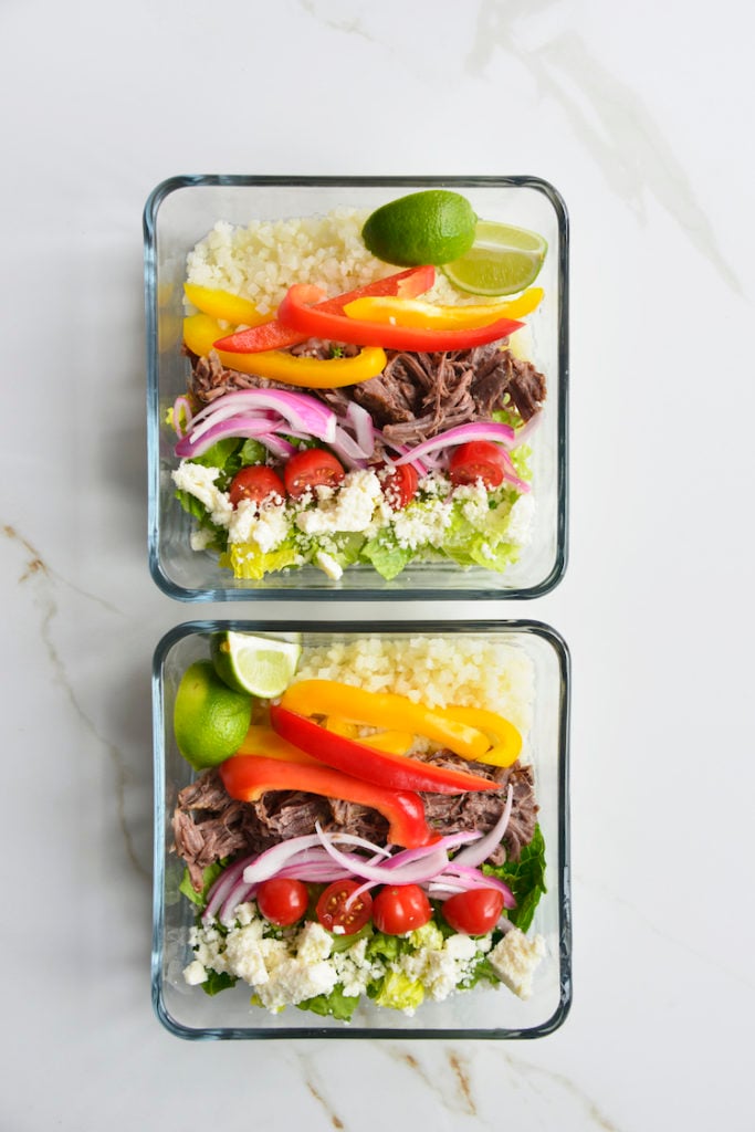 2 prepared keto chipotle bowls in square glass containers