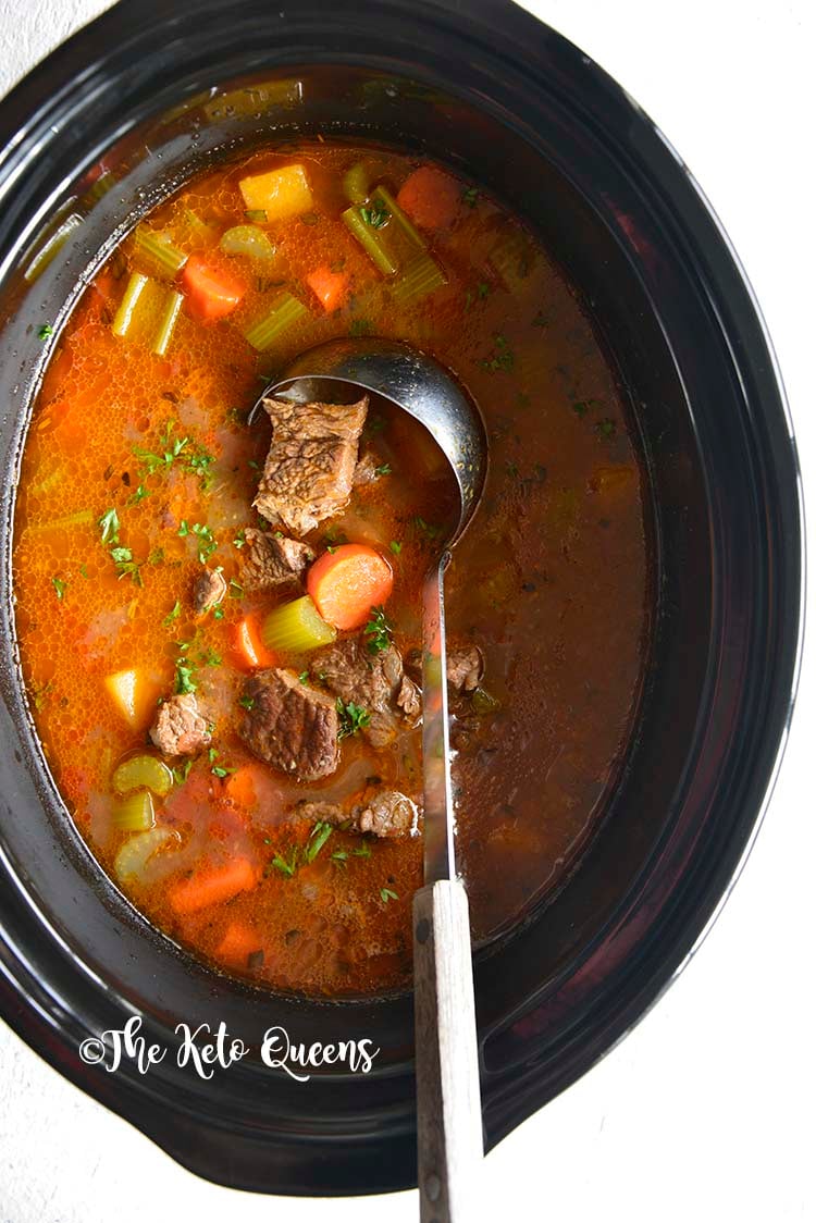crockpot beef stew low carb in a black ceramic shell