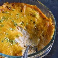 close up image of buffalo chicken dip in a glass bowl with a spoon