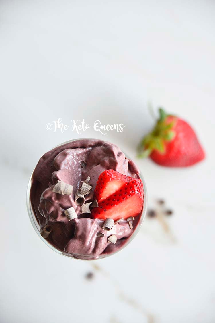 Overhead of Keto Chocolate Berry Truffle Smoothie Recipe on White Marble Background