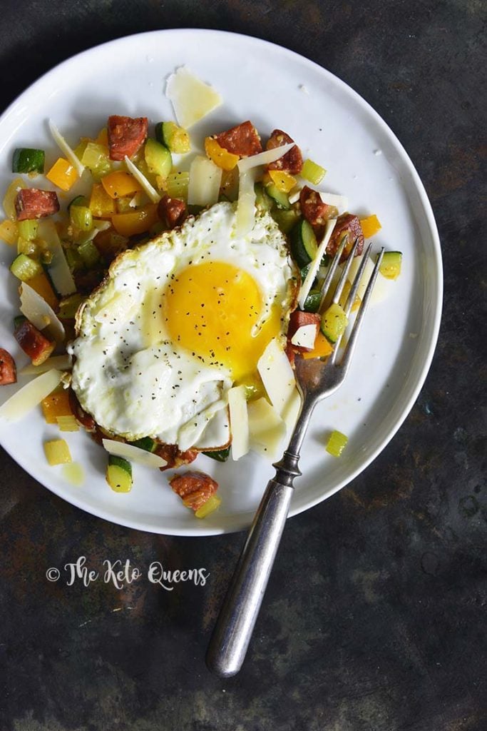 Keto Chorizo Vegetable Hash with Fried Egg