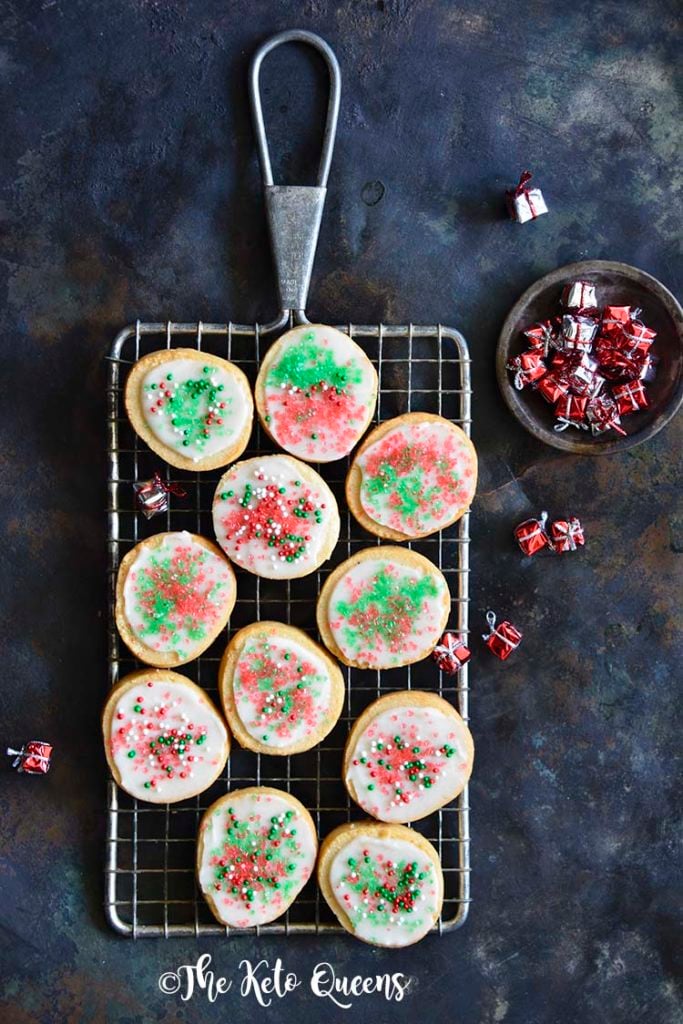 Keto Christmas Sugar Cookies with Icing on Metal Tray