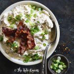 Keto Instant Pot Crack Chicken in White Bowl on Dark Metal Tray