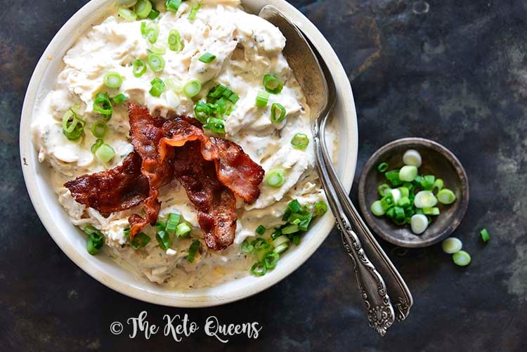 Close Up of Keto Instant Pot Crack Chicken with Bacon and Scallion on Top