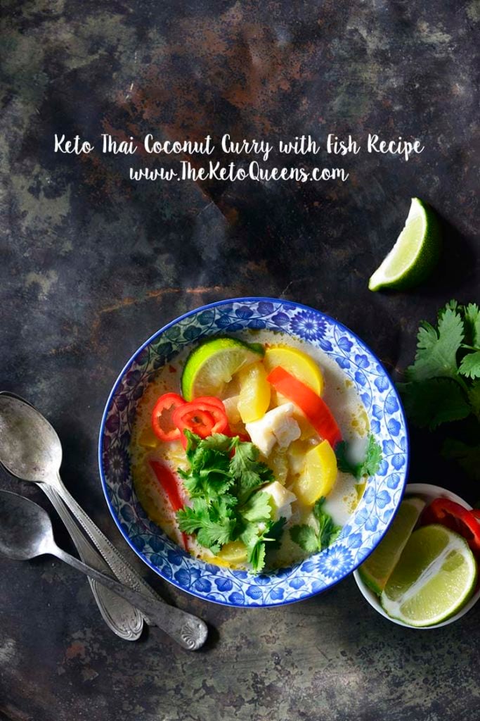 image of a bowl of thai coconut curry with red bell peppers and yellow squash with a title