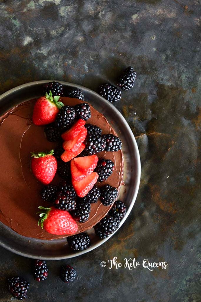 Overhead View of Low Carb Flourless Chocolate Cake Recipe with Fudgy Chocolate Frosting