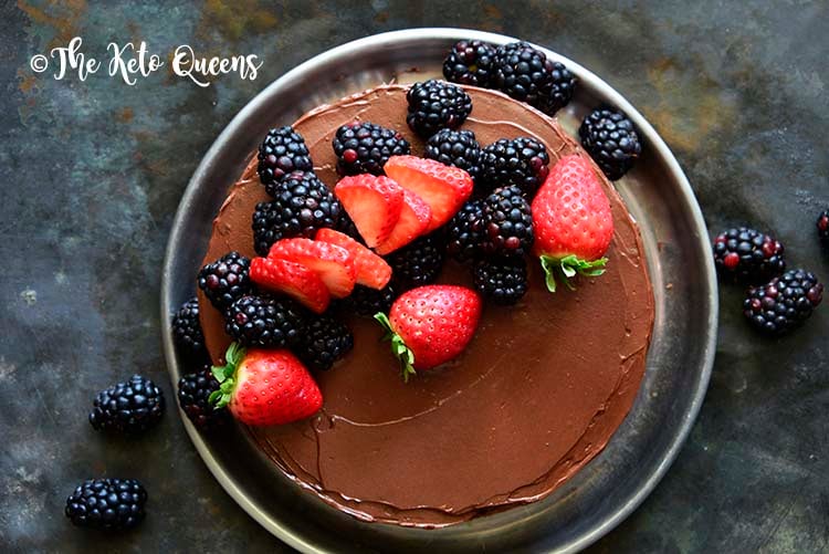 Close Up of Low Carb Flourless Chocolate Cake Recipe with Fudgy Chocolate Frosting