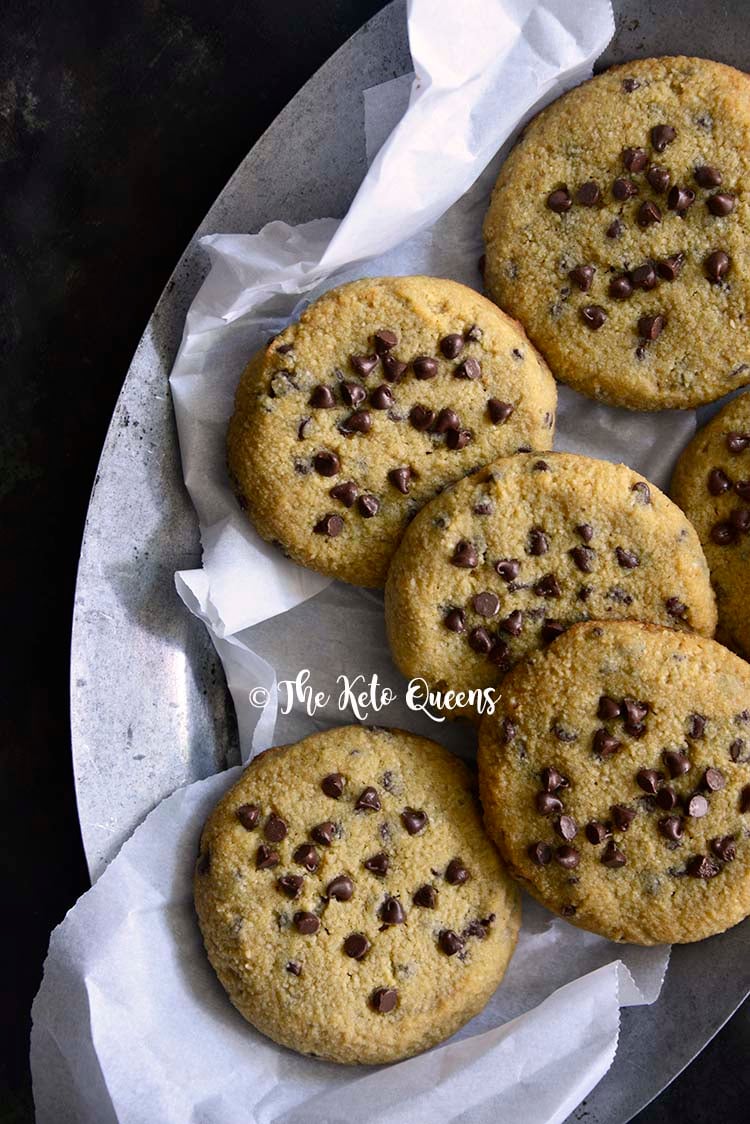 Top View of a Plate of Low Carb Keto Chewy Chocolate Chip Cookies