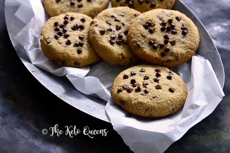 Low Carb Keto Chewy Chocolate Chip Cookies on Metal Plate with Parchment Paper