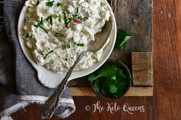 Low Carb Keto Creamy Crab Salad with Dark Linen on Wooden Background