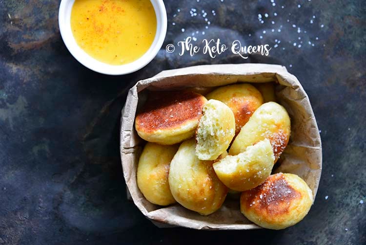 Low Carb Soft Pretzel Recipe (Keto Pretzel Bites) with Beer Cheese on Metal Background