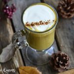 Low Carb Sugar Free Pumpkin Spice Latte with Autumnal Leaves and Pinecones