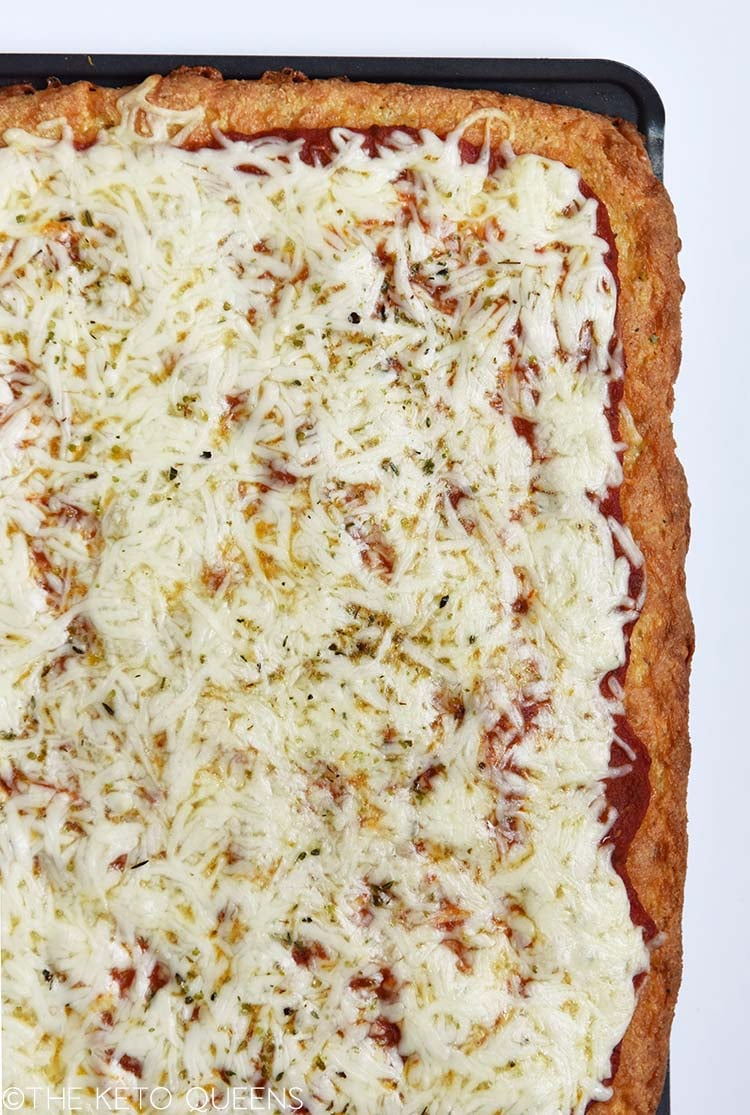 overhead view of rectangular thick crust keto pizza