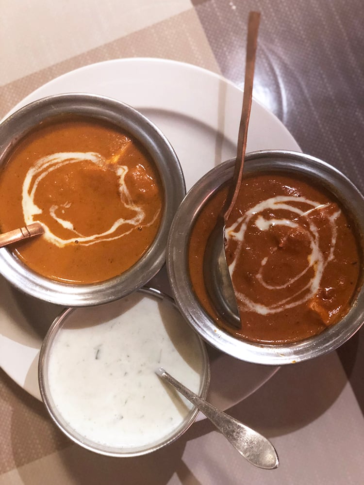 Paneer Curry and Butter Chicken with Raita