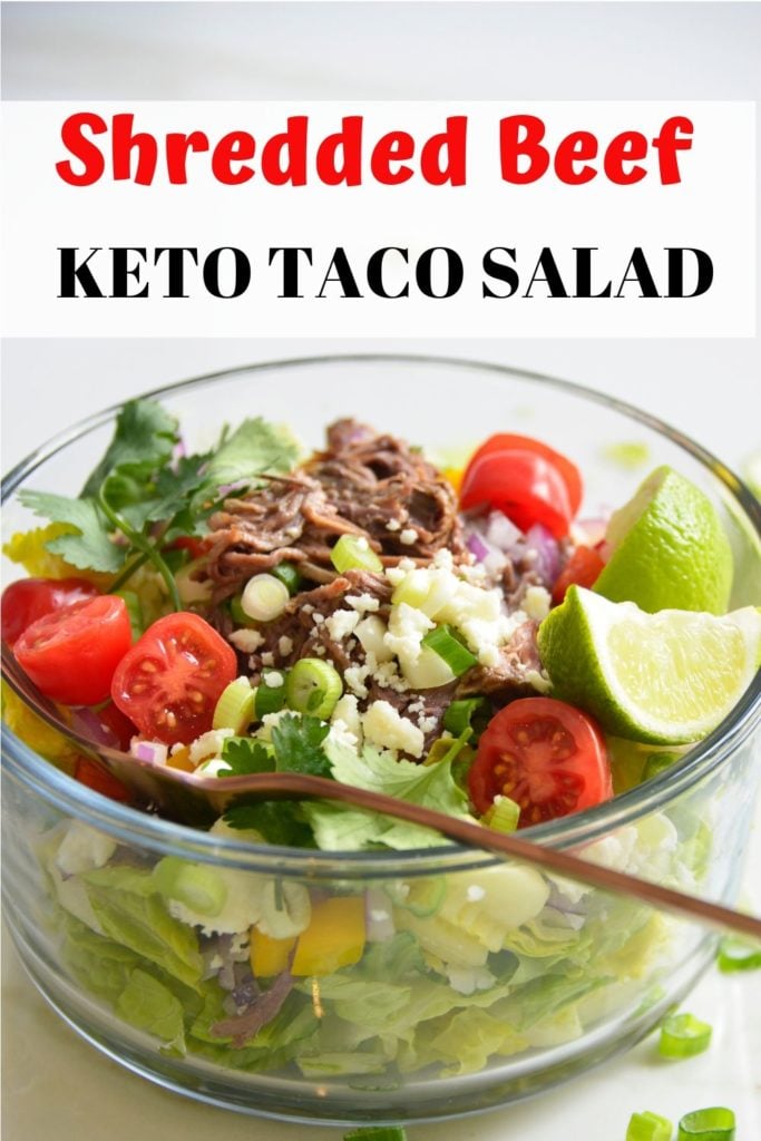Shredded beef keto taco salad recipe pinable image