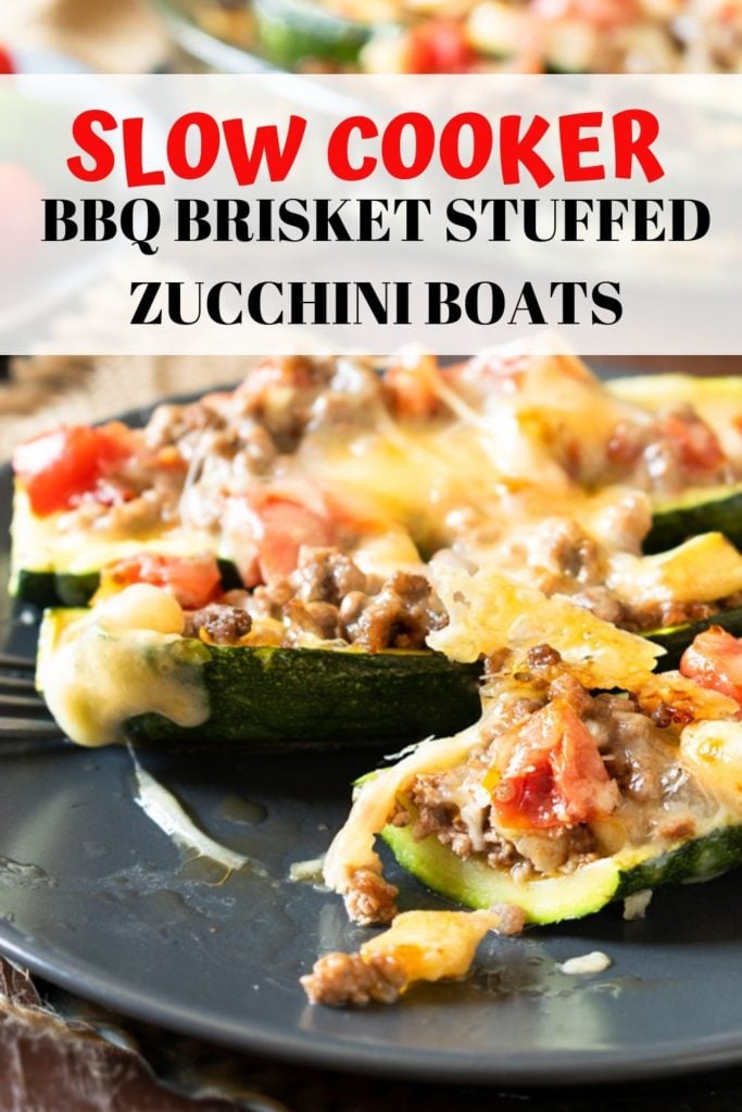 SLOW COOKER BBQ BRISKET STUFFED ZUCCHINI BOATS PINABLE IMAGE