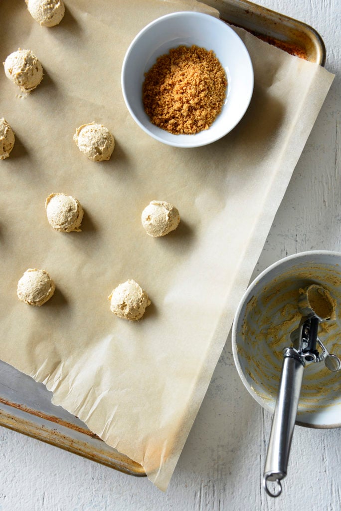 Keto Pumpkin Spice Cream Cheese Fat Bomb in progress photo on a cookie sheet
