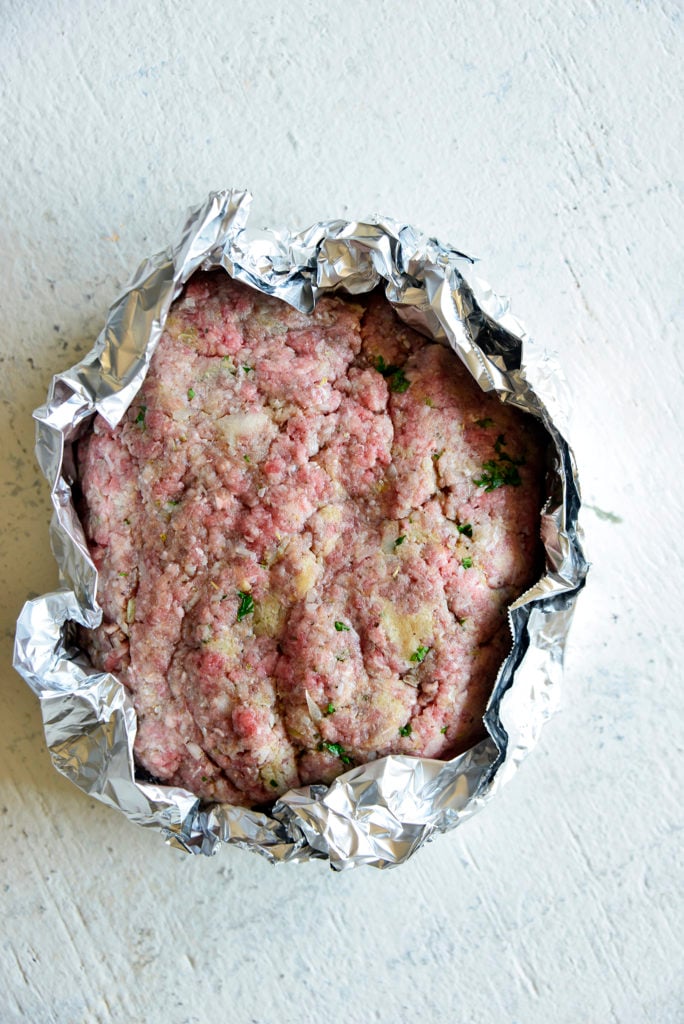 aluminum foil wrapped around a low carb meatloaf