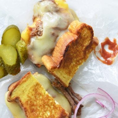 three cheese grilled cheese with bbq beef featured image