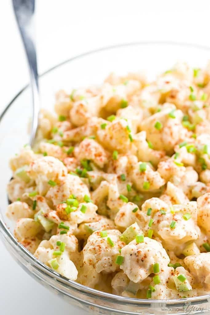 vertical image of low carb paleo potato salad using leftover hard boiled eggs