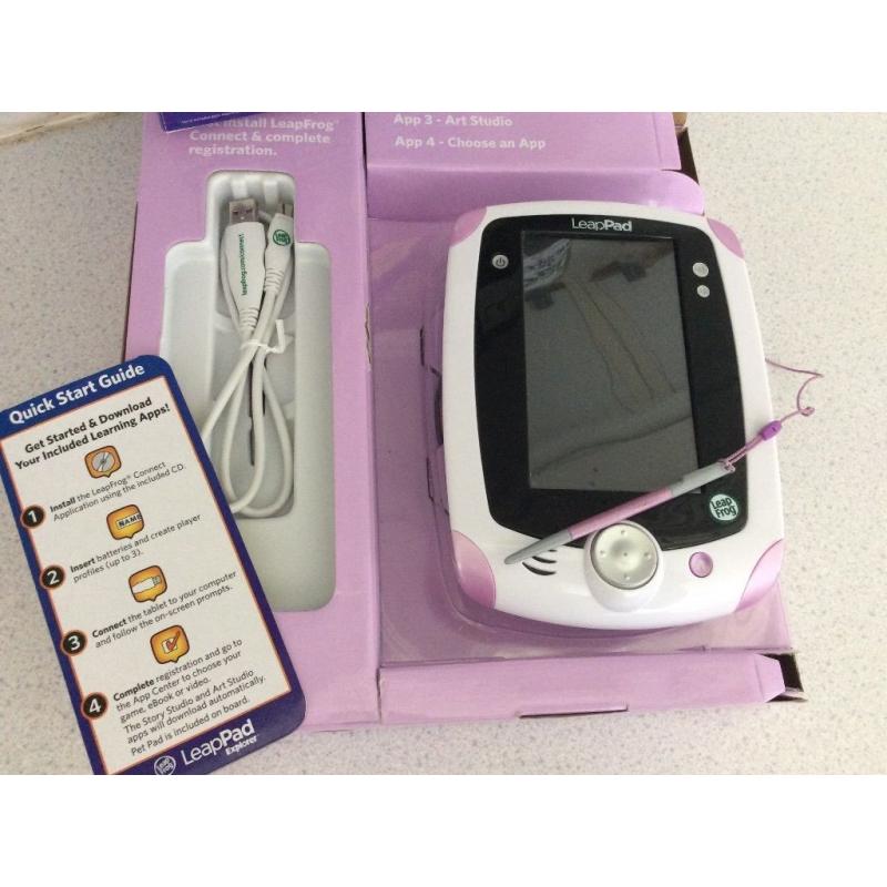 Leap pad explorer children's tablet by Leap Frog, pink, good cond, camera, video recorder, orig box