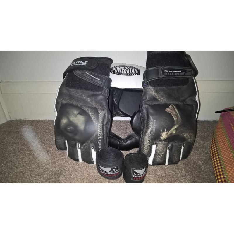 NEW/UNUSED MMA headgear + gloves and 2 pairs of wraps