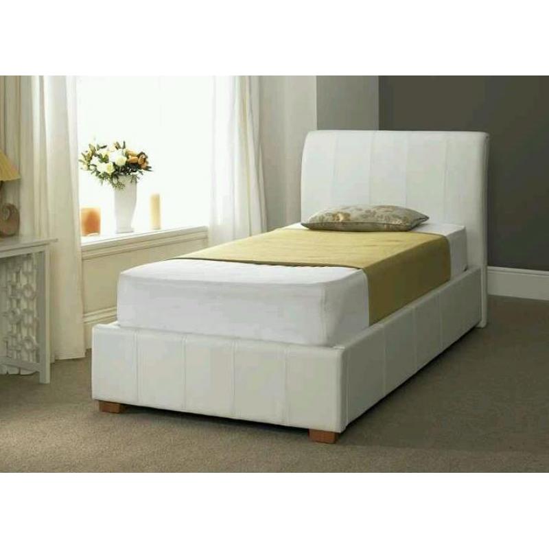 *SINGLE LEATHER WHITE MADRID BED AND MATTRESS*