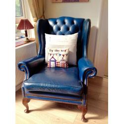 Stunning Queen Anne wingback blue Chesterfield armchair. Can deliver