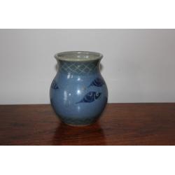 Handmade Blue Vase Painted With a Shoal of Fish Design Studio Pottery Nautical Maritime