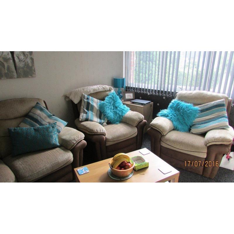 3 piece suite, 2 seater sofa 2 single armchairs (all reclining) + matching storage footstall