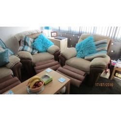3 piece suite, 2 seater sofa 2 single armchairs (all reclining) + matching storage footstall