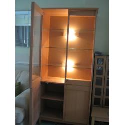 Ikea Oak Bookcase / Display cabinet, Glass doors & Lights