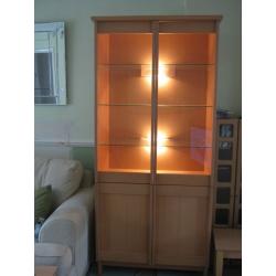 Ikea Oak Bookcase / Display cabinet, Glass doors & Lights