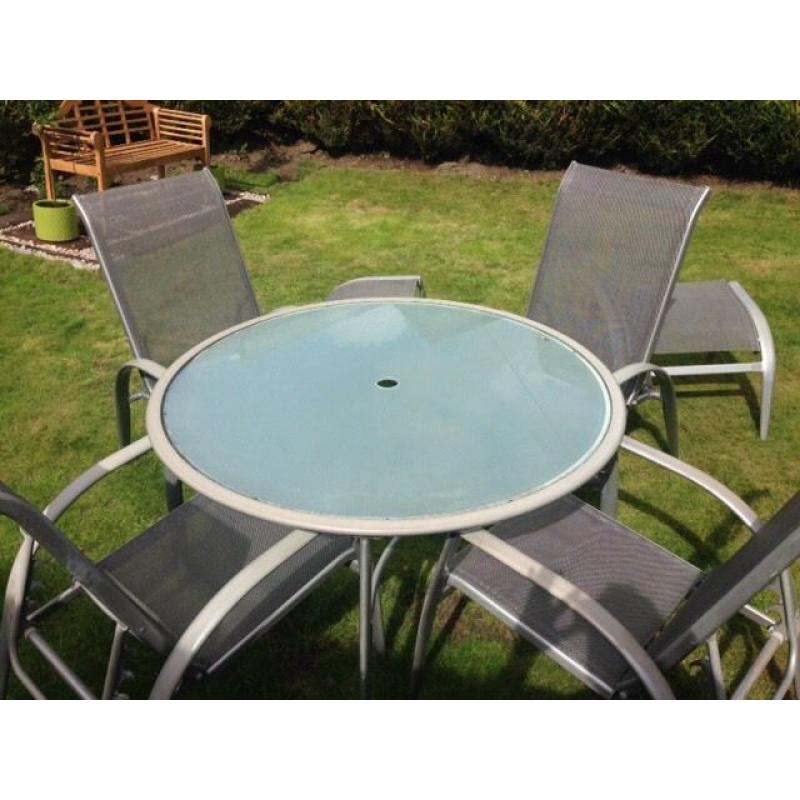 Frosted Glass Garden Table with 4 chairs & matching footstools