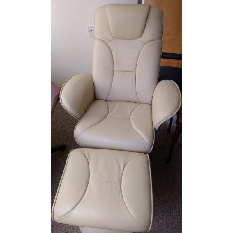 Cream Leather chair with foot stool