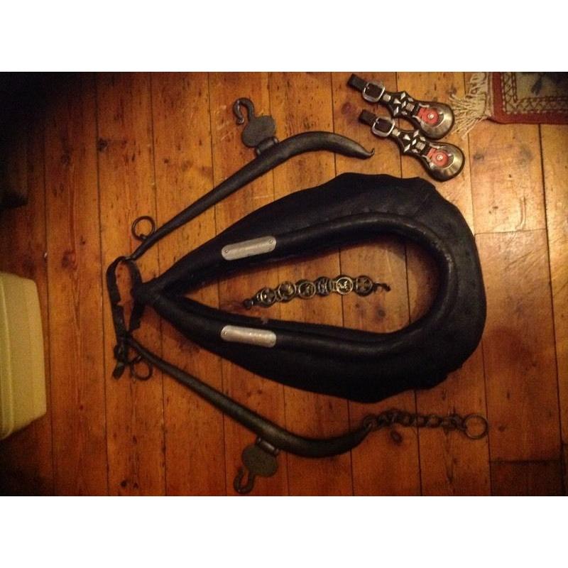 Antique heavy horse collar, harness and brasses