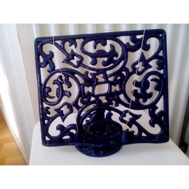 Cast iron cookery book stand in blue