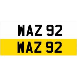 WAZ 92 Dateless Personalised Number Plate Audi BMW Ford Golf Mercedes Kia Vauxhall Warren Wendy Way