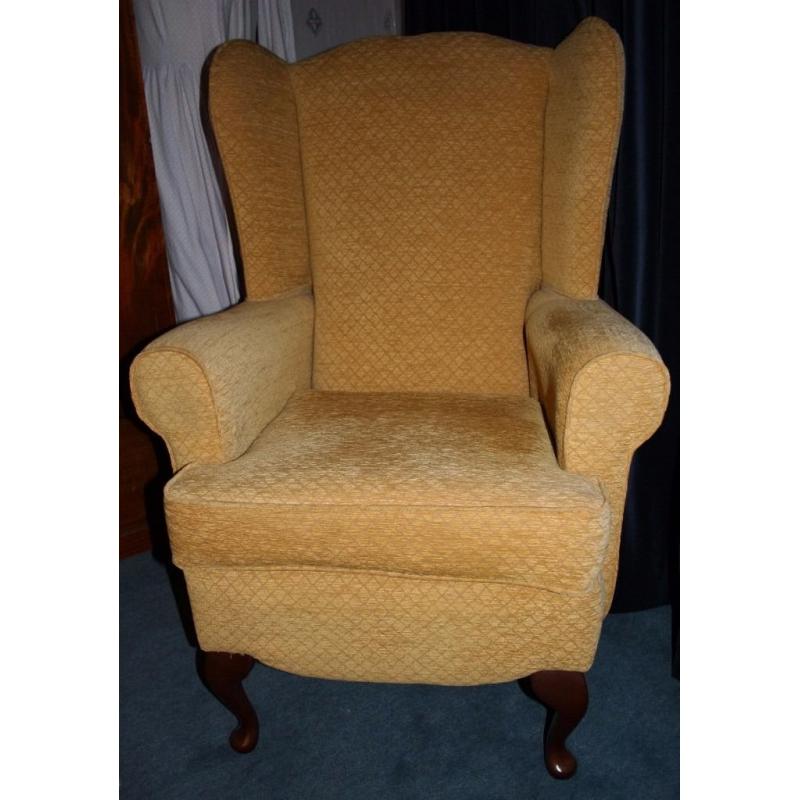 Upholstered arm chair with 20" high seat yellow fabric as new condition