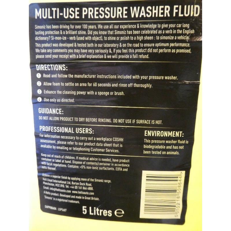 Simoniz Multi Use Pressure Washer Fluid - Brand New 5 Litres - Great Value